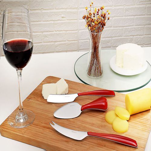 Kit 3 Peças para Queijos Espátula Faca Vermelha Bugatti