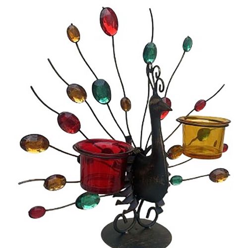 Castiçal Duplo Pavão Decorativo Vela Metal Vidro Colorido