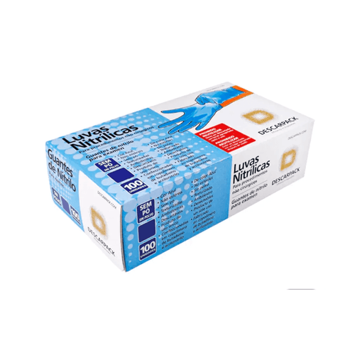 Luva Nitrílica Azul Sem Pó Descarpack Tamanho M com 100 Unidades