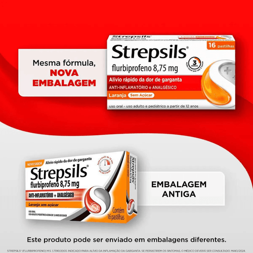Pastilhas Para Garganta Strepsils Sabor Laranja Sem Açúcar Com 16 Pastilhas
