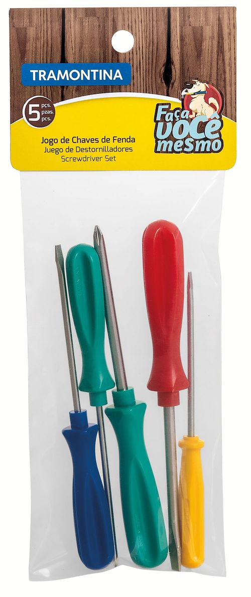 Jogo de Chave de Fenda 5 Peças com 2 Ponta Chata + 2 Ponta Cruzada + 1 Clipe