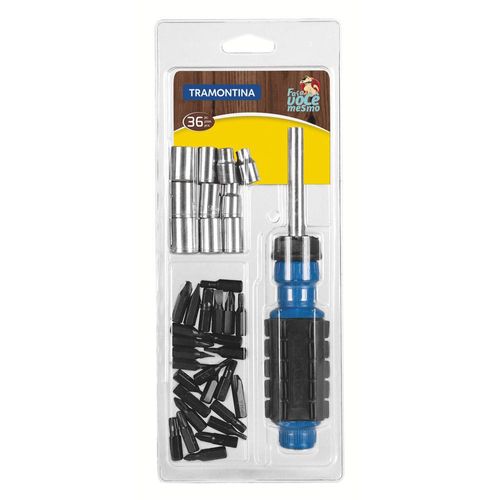 Kit de Ferramentas 36 Peças, com 1 Chave Fenda com Adaptador + 25 Ponteiras + 10 Soquetes