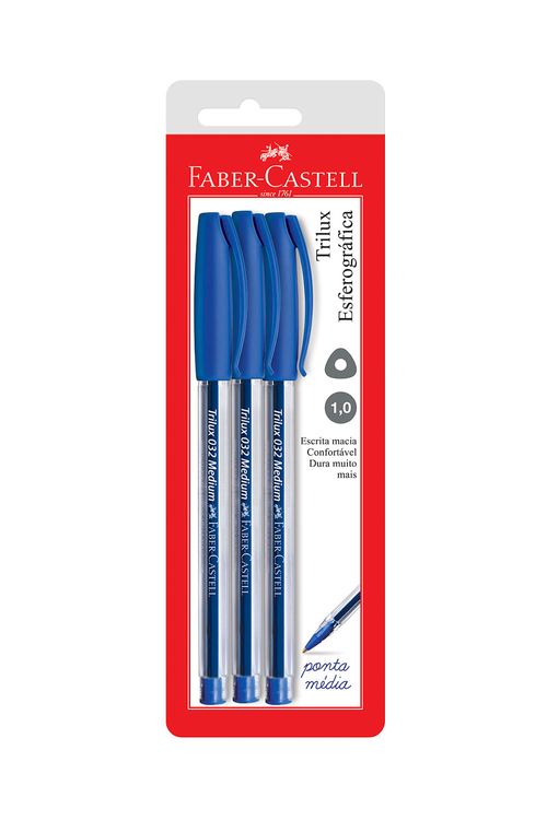 Caneta Esferográfica Faber-Castell Trilux 1.0mm Azul com 3 Unidades