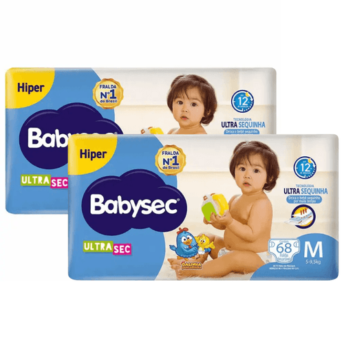 Kit 2 Fraldas Babysec Ultrasec Hiper Galinha Pintadinha M com 68 unidades