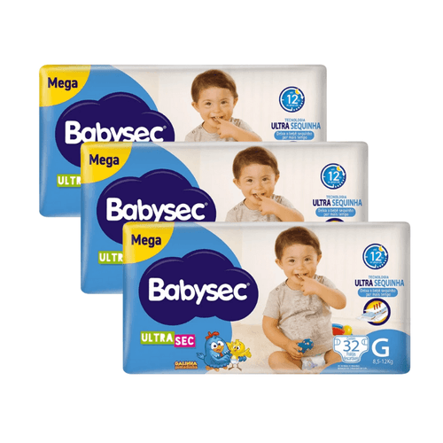 Kit 3 Fraldas Babysec Ultrasec Mega Galinha Pintadinha G com 32 unidades