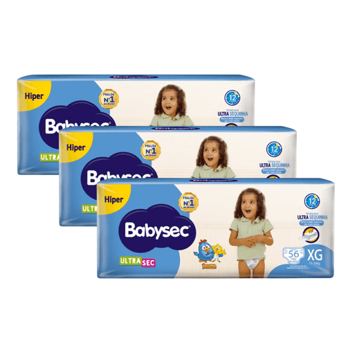 Kit 3 Fraldas Babysec Ultrasec Hiper Galinha Pintadinha XG com 56 unidades