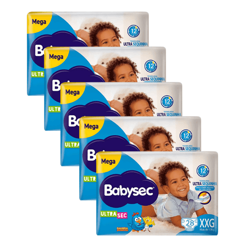 Kit 5 Fraldas Babysec Ultrasec Mega Galinha Pintadinha XXG com 28 unidades