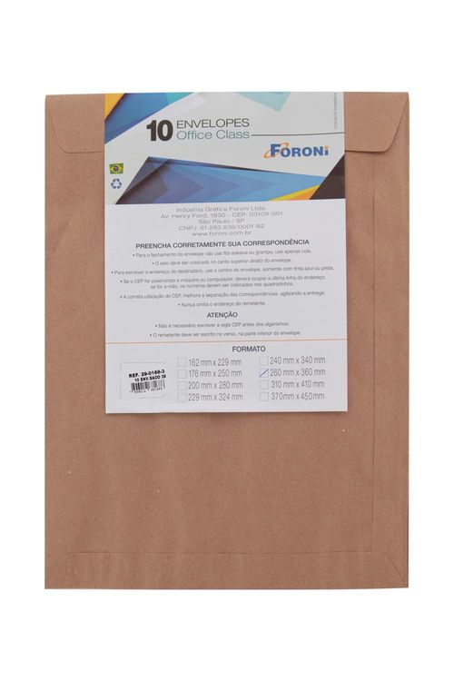 Envelope Saco Foroni Kraft Natural 260x360mm com 10 Unidades