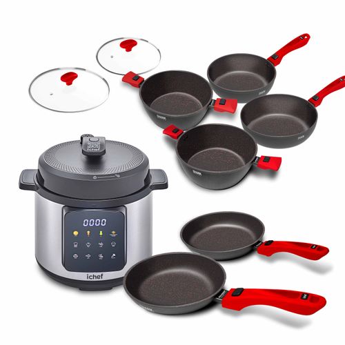 Super Combo Ichef Ultra 6 Panelas com 2 Tampas Vermelha e Panela de Pressão Elétrica MasterCooker 6L