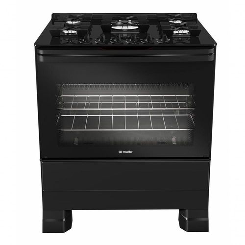 Fogão Mueller 5 Bocas Preto Bivolt Mesa de Vidro e Tripla Chama MFV5BF