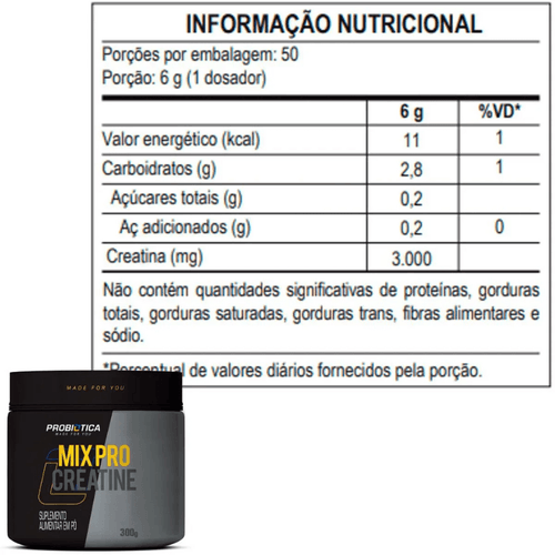 Mix Pro Creatine Probiótica Sem Sabor 300g