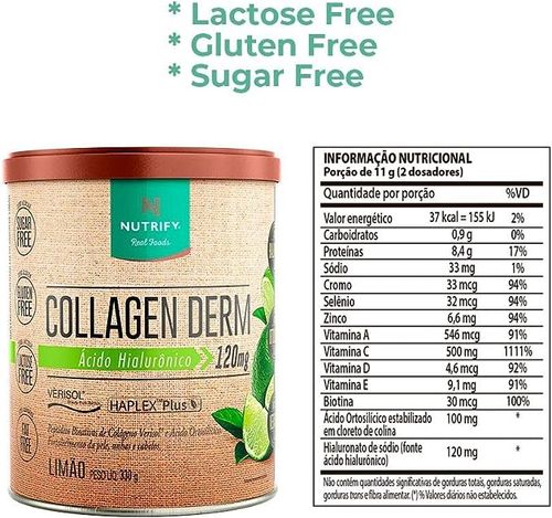 Collagen Derm Ácido Hialurônico Verisol  300G Limão Nutrify Colágeno Hidrolisado em Pó