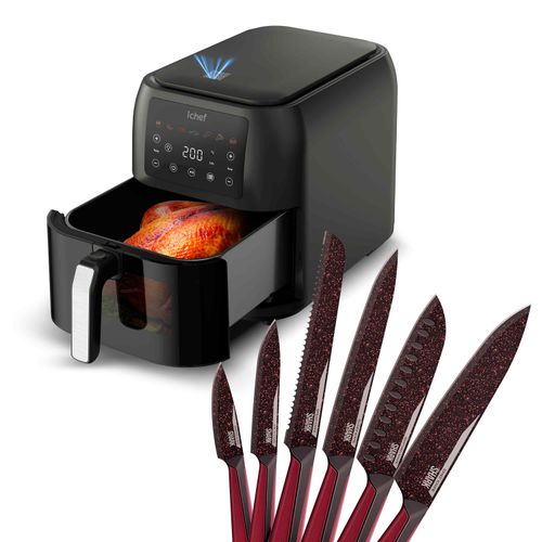 Fritadeira Elétrica Airfryer Max Space 8L e Conjunto de 6 Facas Ichef Special Cut Vermelha