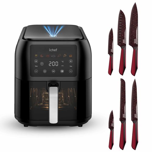 Fritadeira Elétrica Airfryer Max Space 8L e Conjunto de 6 Facas Ichef Special Cut Vermelha