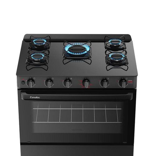 Fogão Esmaltec Ideal Super 5 Bocas Preto Mesa de Vidro Bivolt F5VAP