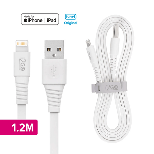 Cabo Iphone/Cabo Lightning i2GO Certificado MFi 1,2m 2,4A PVC Flexível Flat Branco