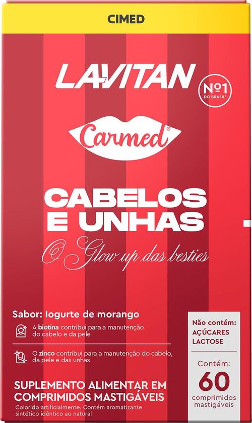 Suplemento Alimentar Lavitan Carmed Cabelos e Unhas Sabor Iogurte de Morango 60 Comprimidos Mastigáveis