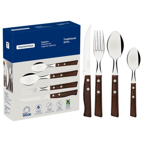 Faqueiro Tramontina Tradicional Aço Inox e Madeira Natural 24 Peças