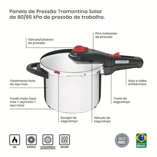 Panela de Pressão Tramontina Solar em Aço Inox 22 cm 4,5 Litros 5 Dispositivos de Segurança