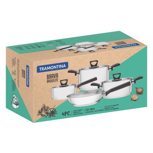 Jogo de Panelas Tramontina Brava Baquelite em Aço Inox com Fundo Triplo e Cabos e Alças de Baquelite Preto 4 Peças