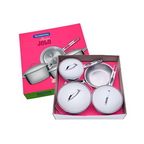 Jogo de Panelas Tramontina 4 Peças Allegra em Aço Inox com Fundo Triplo e Tampas de Inox