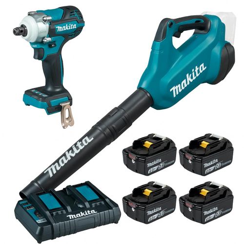 Soprador de folhas dub362z, 4 baterias (5,0ah), carregador 127v e chave de impacto dtw3 makita